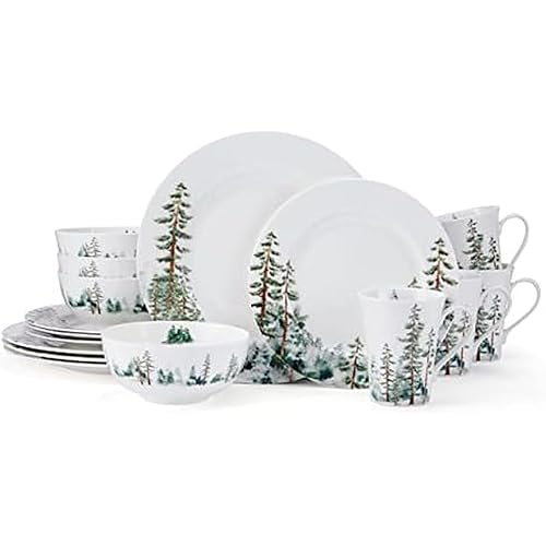 Mikasa Watercolor Forest Bone China Lightweight Chip Resistant 16 Piece Dinnerware Set, Service for 4, White