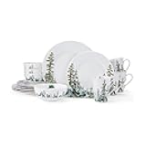 Watercolor Forest Bone China Lightweight Chip Resistant 16 Piece Dinnerware Set, Service for 4, White