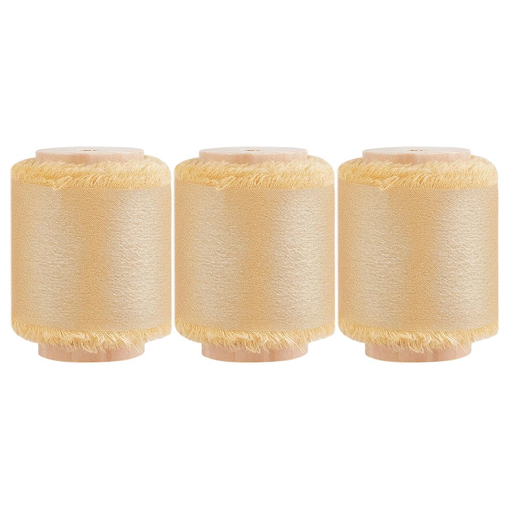 DELORIGIN 3 Rolls Halloween Silk Ribbon 1.5inch 5 Yard Gold Handmade Fringe Ribbons Polyester Satin Frayed Ribbon Fabric for Gift Wrapping Birthday Wedding Bridal Bouquets Decor