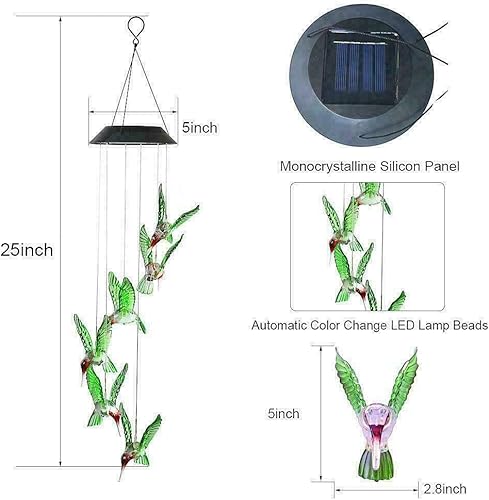 Miniatura 2 de EpicGadget - Lámpara solar con diseño de colibrí, campanilla de viento con pájaro que cambia de color, luces decorativas para el jardín al aire