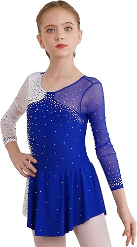 Miniatura 3 de Shinsto Vestido de patinaje artístico para niñas y niñas, manga larga, leotardos con falda de ballet