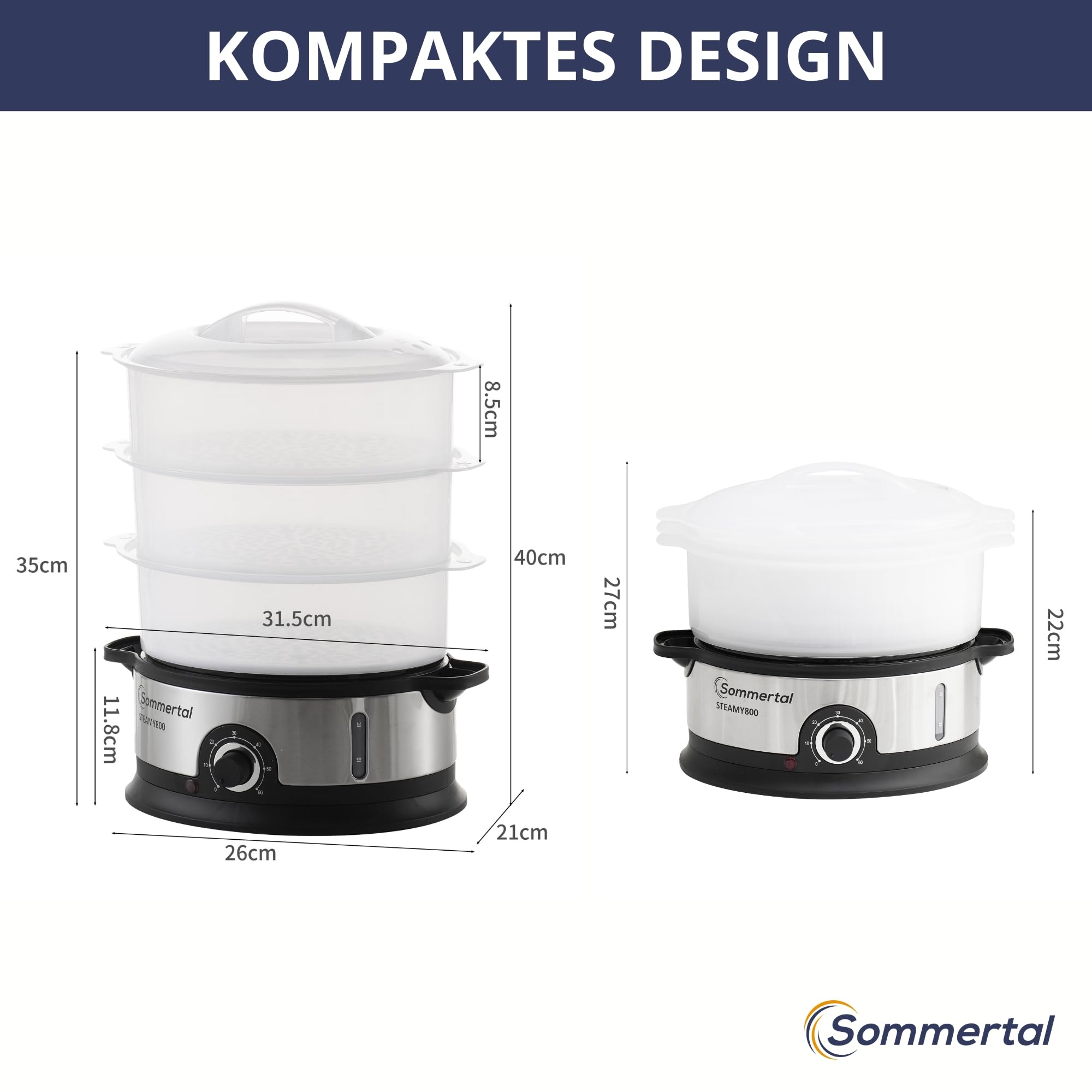 Sommertal Steamy800 Ammortizzatore 800 W 3 strati pentola senza BPA regolabile 0-60 min. Lavabile in lavastoviglie in plastica