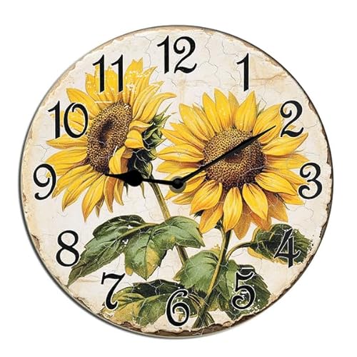 Horienteeon Reloj de pared vintage con girasoles de verano, silencioso, sin tictac, para sala de estar, cocina, hogar, baño, dormitorio, oficina o escuela, tienda, hotel, redondo, 25,4 cm