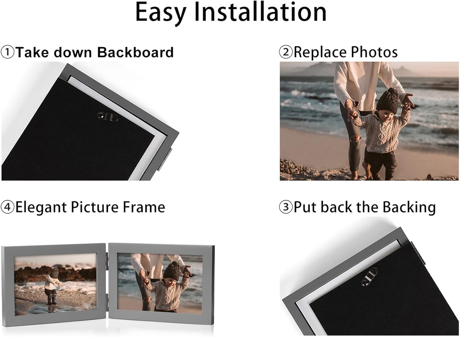 5X7 Double Wooden Hinged Picture Frame Vertical and Horizontal in Gray, Display 4x6 with Mat or 5x7 without Mat, Folding Photo Frame with Real Glass Front for Tabletop P-HUI-SH57