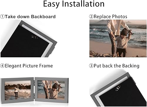 Miniatura 8 de P-HUI-2H57 - Marco de fotos plegable de madera con bisagras horizontales dobles de 5 x 7 pulgadas con frente de cristal real en color gris para