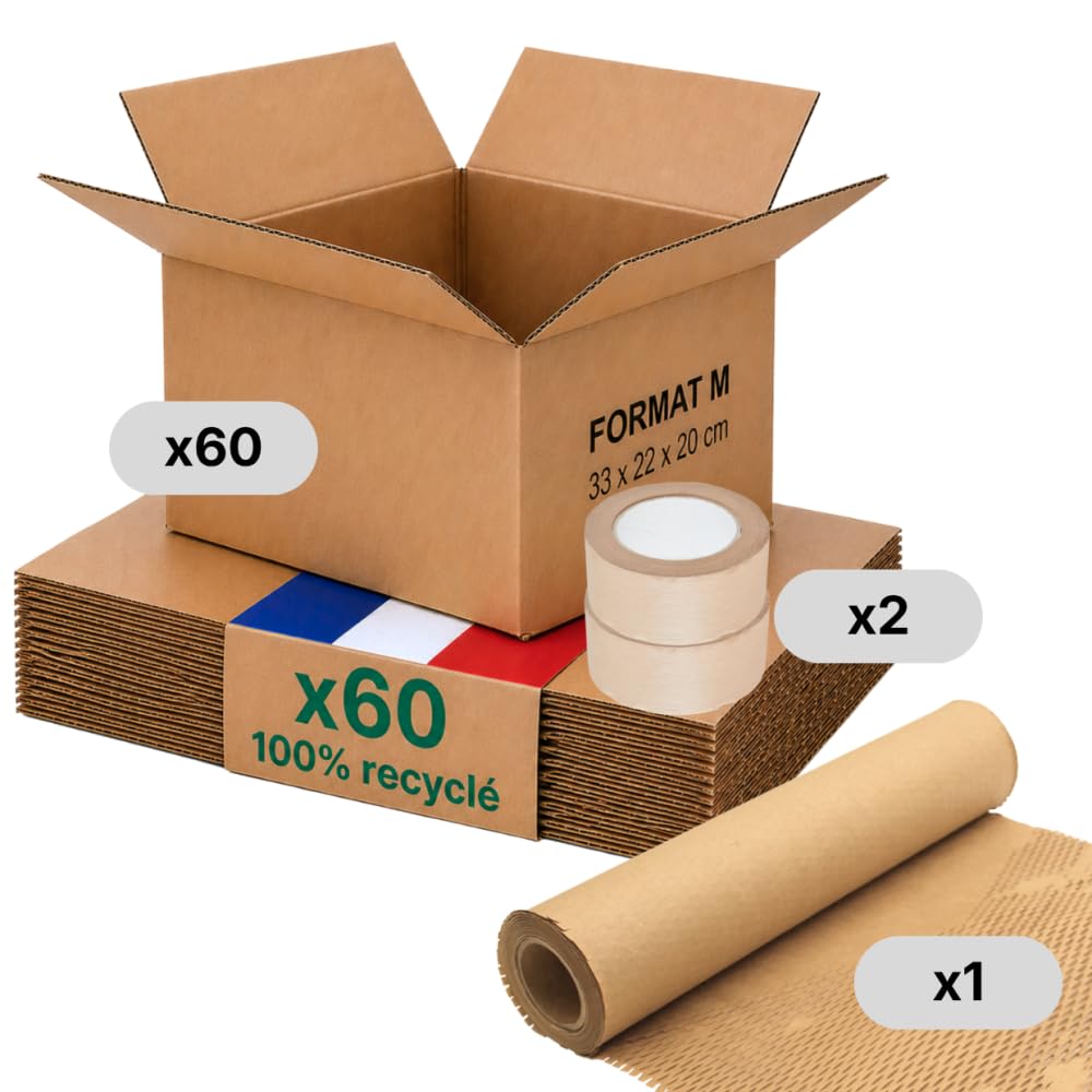 Opakowanie kartonowe M - zestaw 60 + ochrona papieru + klej papierowy - 31x22x20 cm - Wzmocniony - 100% nadający się do recyklingu - książki, akcesoria, e-commerce - Life Pack