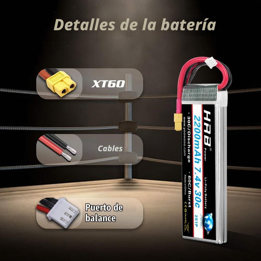 HRB 2pc 2200mAh 7.4V 2S 30C LiPo Batería con Enchufe XT60 Compatible con RC Traxxas 1/16 E-Revo VXL Summit Slash Losi 1/14 Mini 8ight y RC Cars