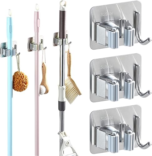 BAOSHILI Paquete de 3 soportes para escoba de fregona sin taladro organizador de escoba autoadhesivo con ganchos de paño de fregona gancho de