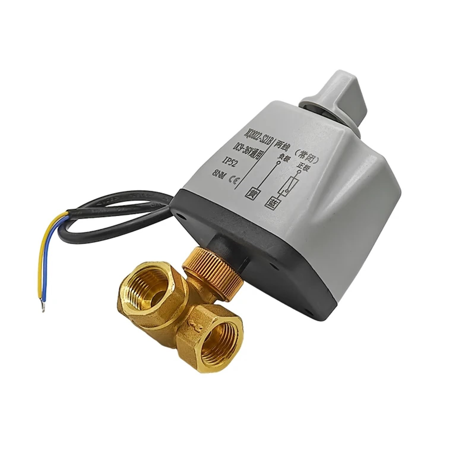 Elektryczny trójdrożny zawór kulowy z przełącznikiem ręcznym, mosiężny gwint żeński, 3-przewodowy zawór silnikowy, AC/DC 12V 24V 110V 220V(T-TYPE-DC12V-OPEN)