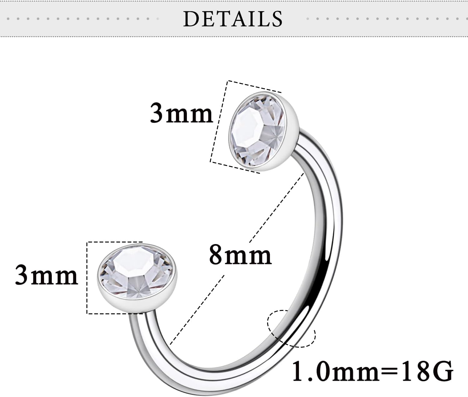 Horseshoe Nose Ring Surgical Steel Double Stud Nose Ring 18g Internally Threaded Cubic Zirconia Daith Piercing Jewelry for Women Inner Diameter 8mm - Image 2