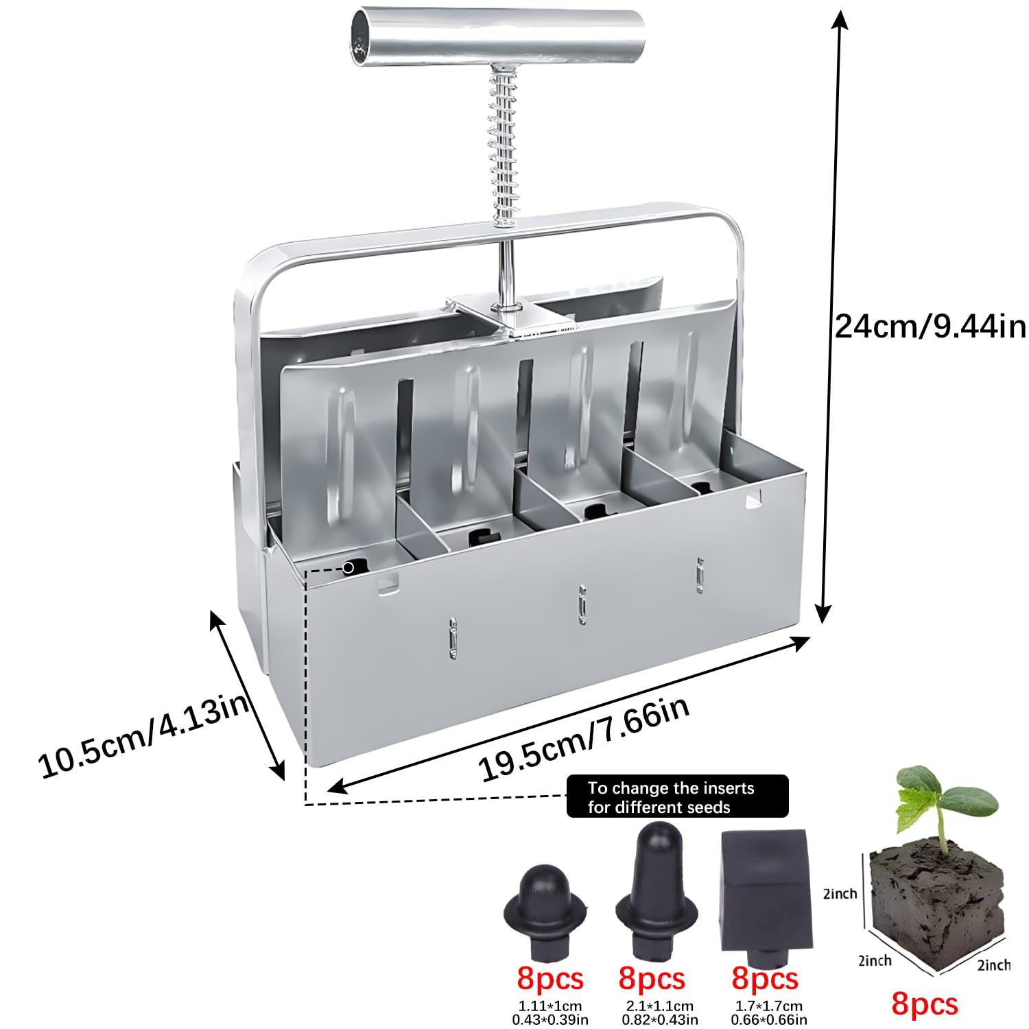 Spremiagrumi Manuale, 2in Bloccante per Terreno, Mano Soil Blocker, Pressa per Trapianto, Strumento di Blocco del Terreno con Aghi per Semi, Pressa per Piante, Serra (Argento)