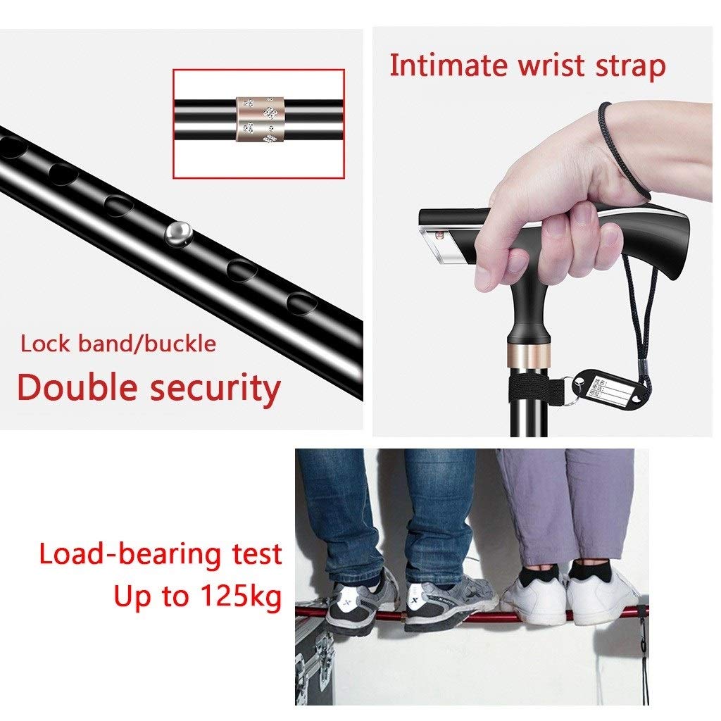 YXCKG Baston Extensible para Mayores, con Alarma de pánico, luz LED, Los Bastones de Aluminio brindan Soporte y Estabilidad adicionales, Ligero para Padres Madres Regalos (Color : Black)
