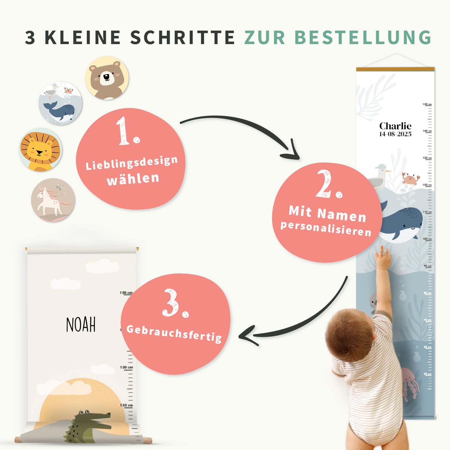 Gutmarkiert - Personalisierte Messlatte für Kinder - mit dem Namen und Geburtsdatum des Kindes. (Fantasie)