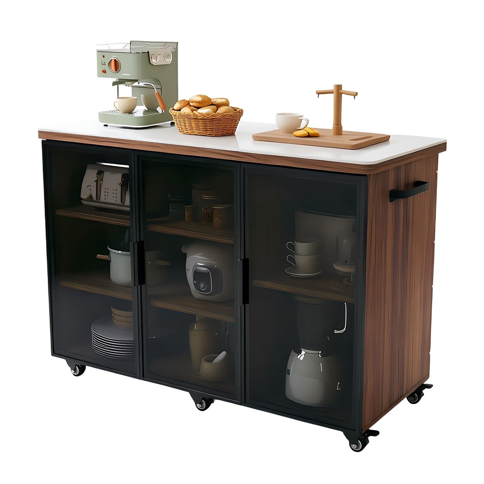 Carrello da cucina Isola cucina con ruote con ante, ripiani portaoggetti, ruote con serratura e piano di lavoro(L)