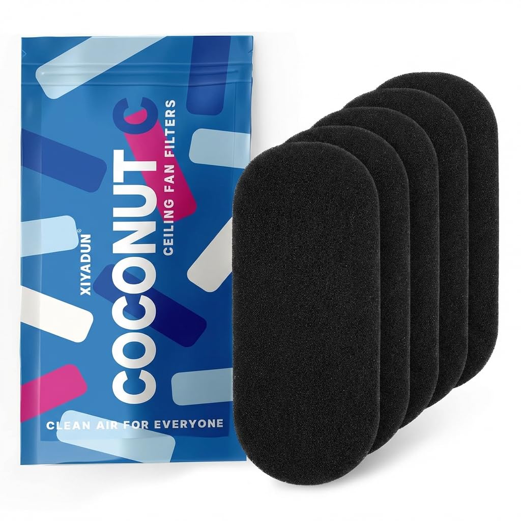 Ceiling Fan Filter - Activated Coconut Shell Carbon Air Filters, Easily Sticks on Ceiling Fan Blade Top, Invisible &amp; Aesthetic (5 Pack)