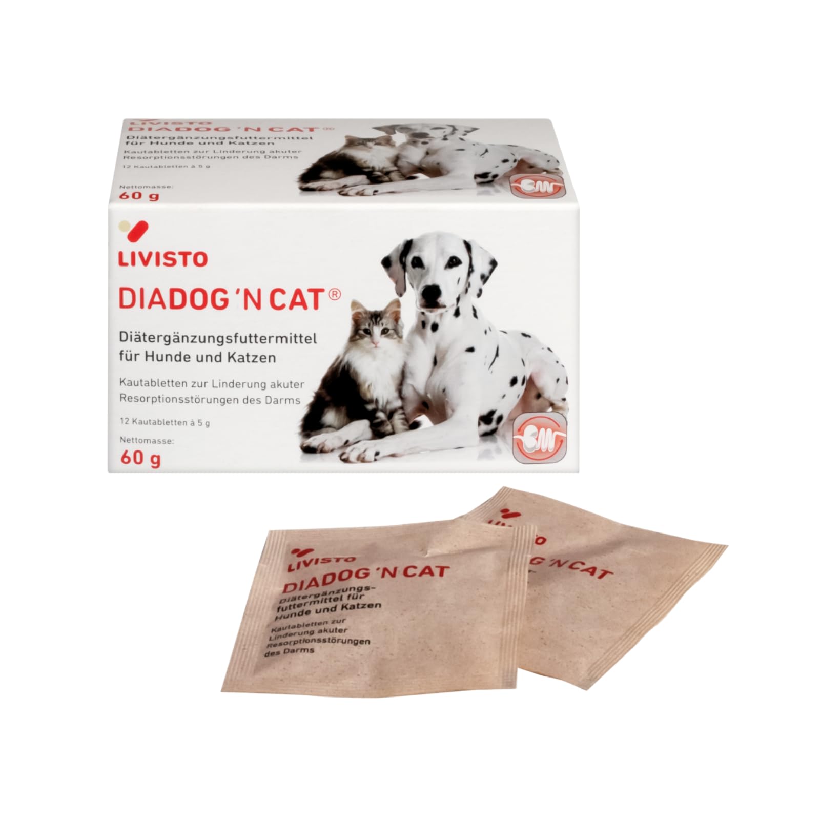 Livisto DiaDog`N Cat für Hunde und Katzen | 12 x 5 g | Diätergänzungsfuttermittel für Hunde und Katzen | Kautabletten zur Unterstützung bei akuten Resorptionsstörungen des Darms