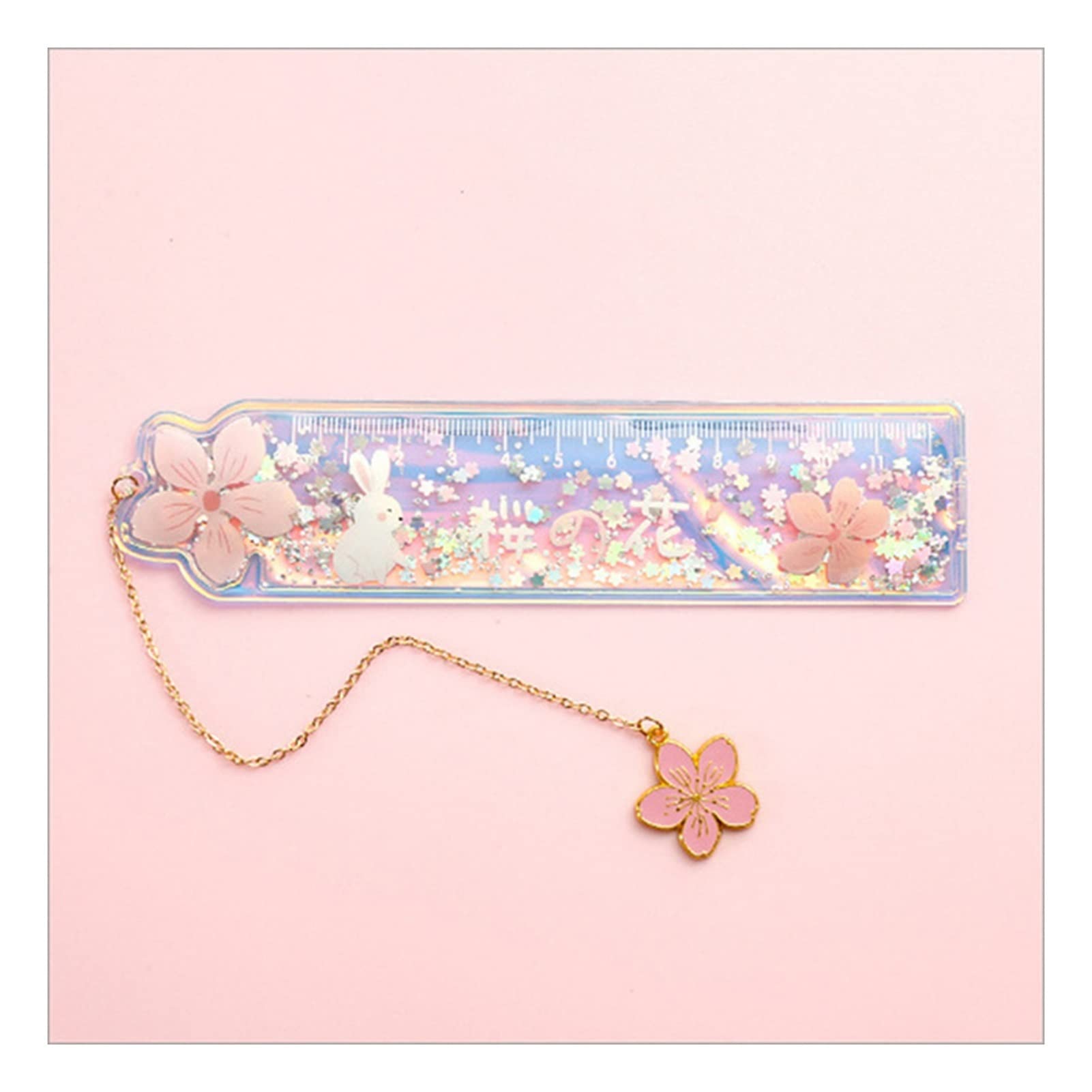 oiujhgCDS Rulers, Creative Cartoon Bookmark Cute Girl Cherry Flower Quicksand Plastic Ruler Measuring Straight Gift Stationery Set(D2)