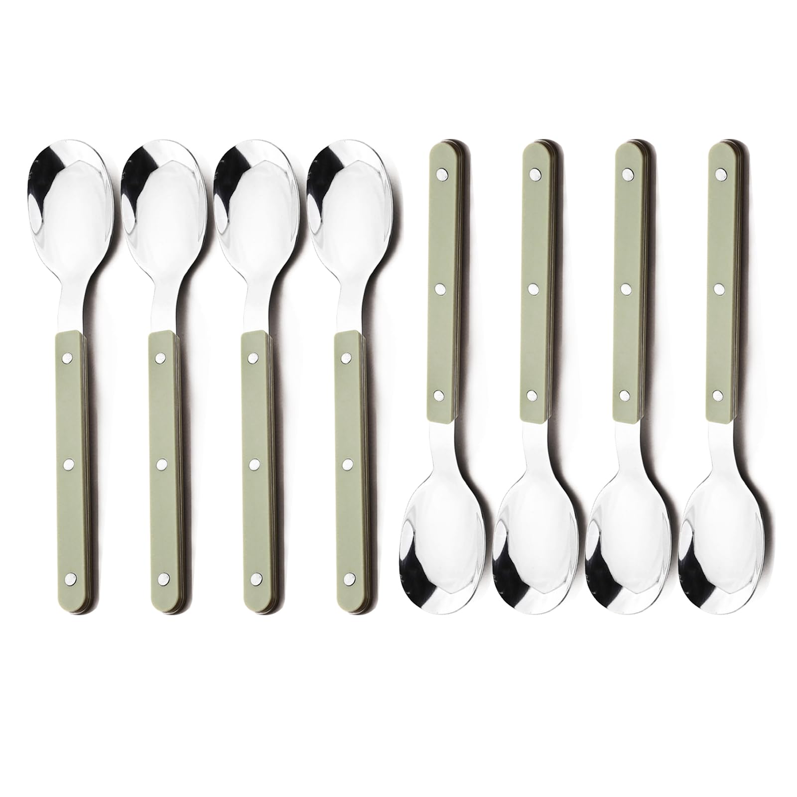 Snplowum 8-piece Dessert Spoons, Salad Spoons Mirror Polish Stainless Steel Spoon Set, For Dining Hotel Bar Family Daily Use, Retro Green Silver, 6.81 Inch