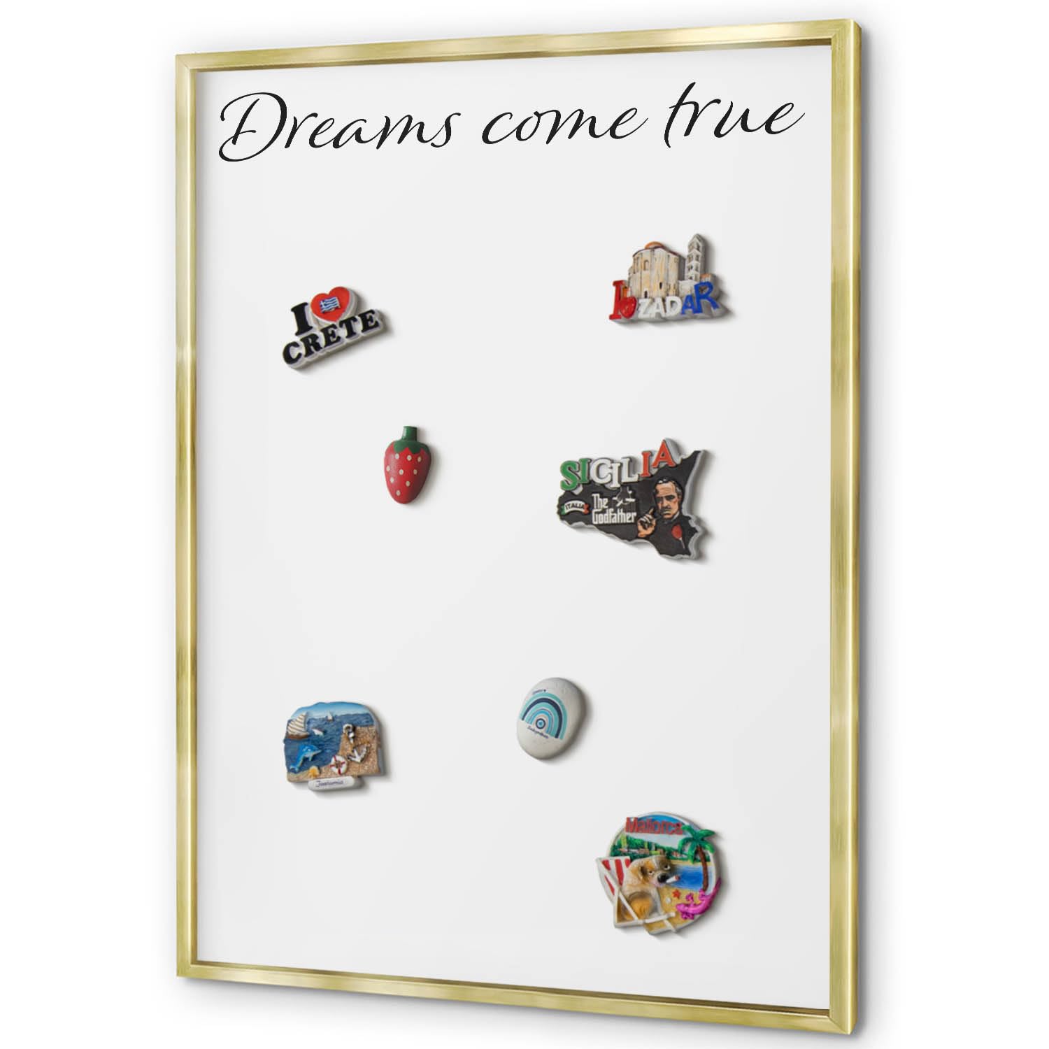 Organizador de Pared 70x100 cm | con Marco Dorado | Dreams Come True | Montaje Fácil | Pizarra Magnética | Para Recuerdos de Viaje | Expositor de Imanes Turísticos y Fotos, Notas | Para Cocina