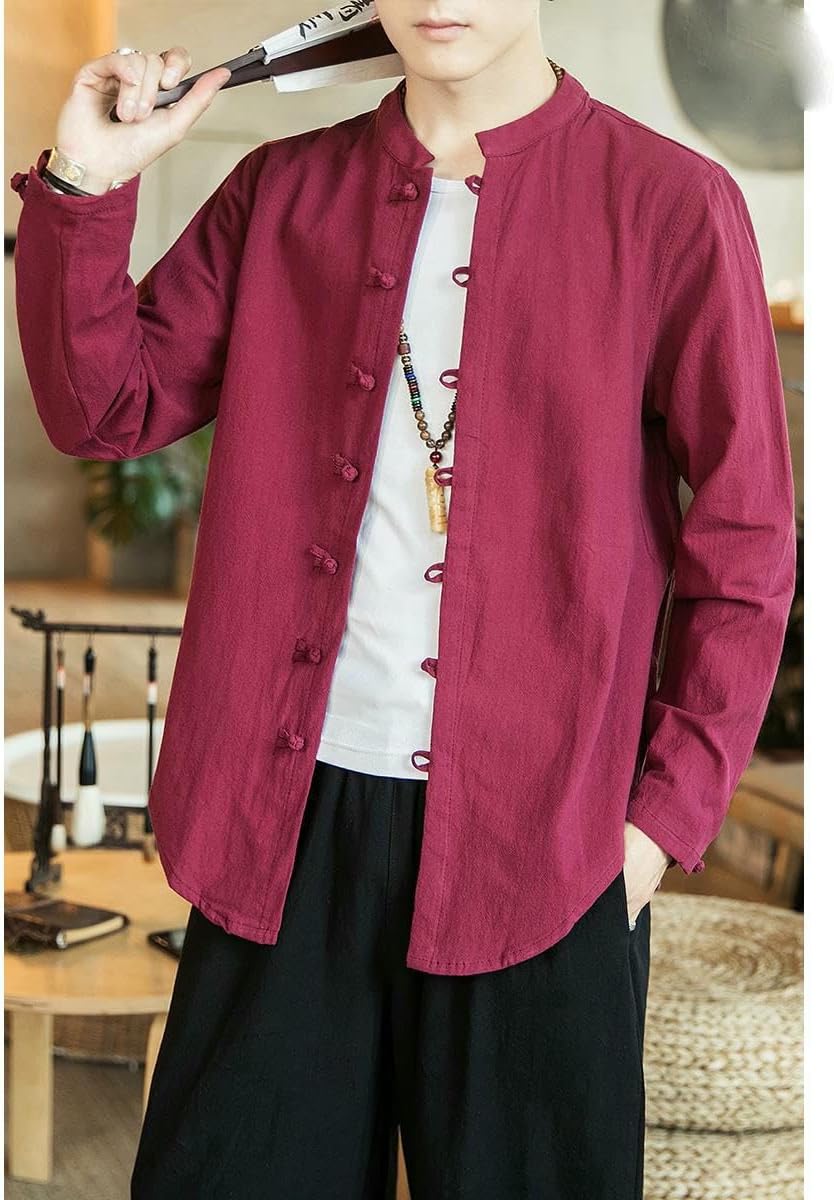 Men's Chinese Style Tang Suit Linen CottonFrog Button Long Sleeve Shirt Chinese Tunic Suit Style