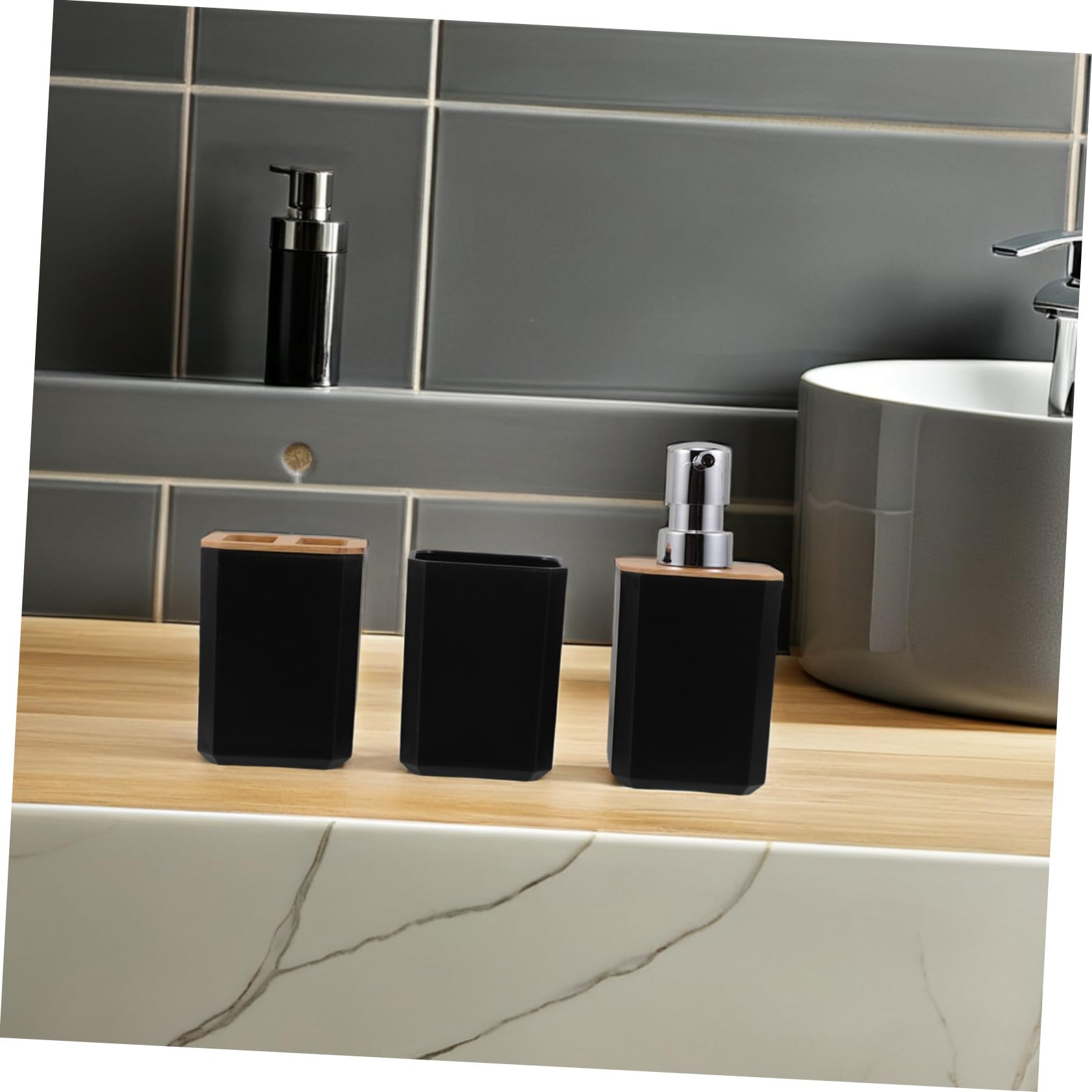Set de Accesorios de Baño de Bambú Negro Dispensador de Jabón y Soporte para Cepillo de Dientes, Limpieza Fácil y Diseño Moderno para Hogar y Hotel