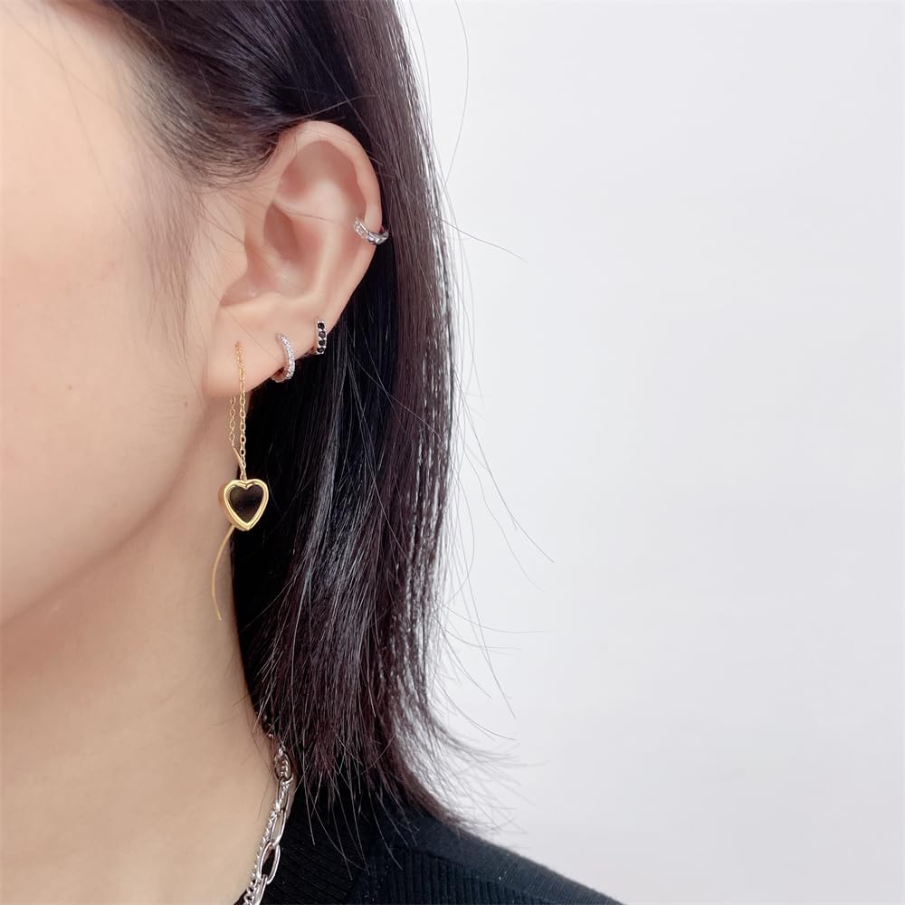 Black Heart Tassel Threader Drop Dangle Earrings for Women Cute 14K Gold Plated Long Chain Hanging Earrings Minimalist Stainless Steel Lightweight Dangling Hypoallergenic Valentine's Day Gifts Her - Image 5
