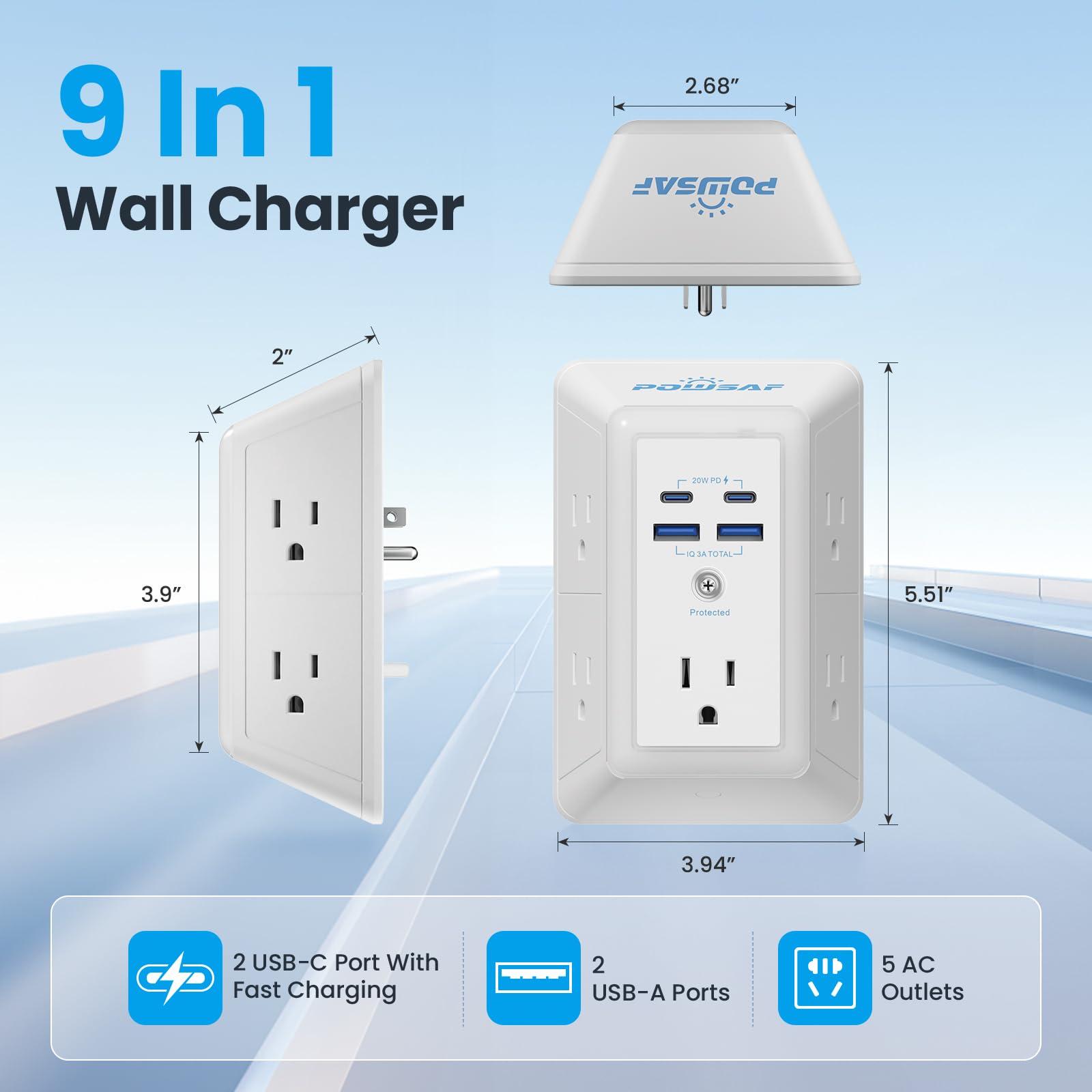 Parasurtenseur multiprise – Rallonge POWSAF 5 prises avec 4 ports USB (2 ports rapides USB-C) et veilleuse, multiprise à 3 côtés avec adaptateur de prises espacées – ETL, blanc