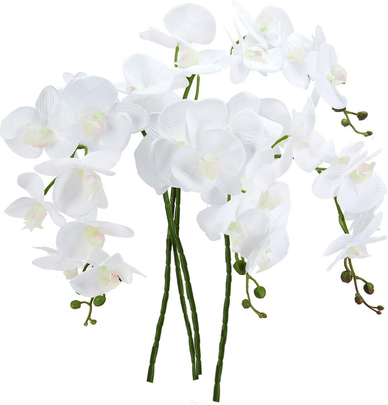 UNIQU 4 Pcs 42” Real Touch Artificial Orchid Stems – White Latex Phalaenopsis Orchid Bouquets – Long Stem Faux Flowers for Wedding, Home, Office, and Garden Decor