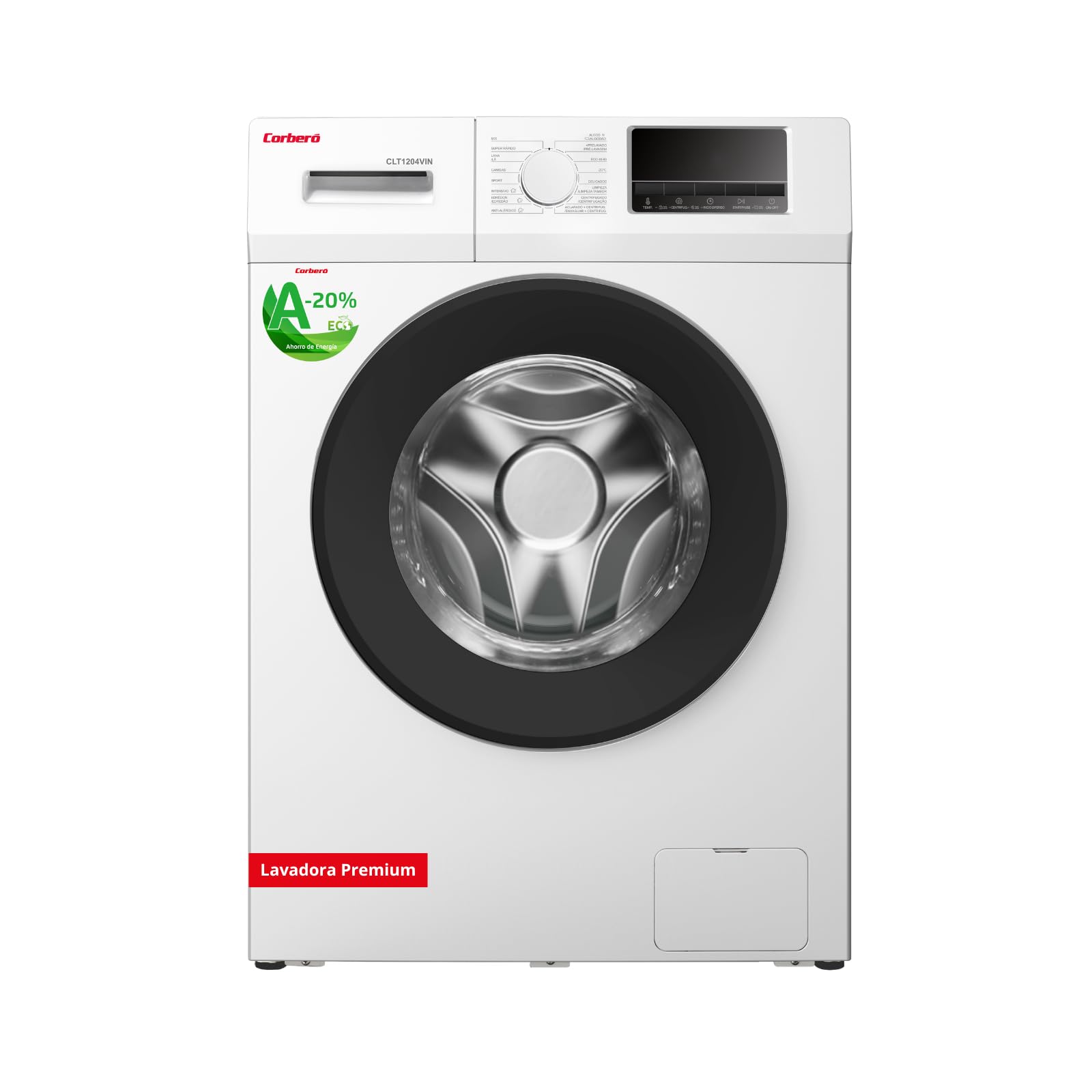Corberó - Lavadora Carga Frontal Premium 12kg | CLT1204VIN | 1400 Rpm | Motor Inverter | 16 Programas | Vapor | Antialérgico | Inicio Diferido | Lavado Rápido | Puerta XXL | Blanco