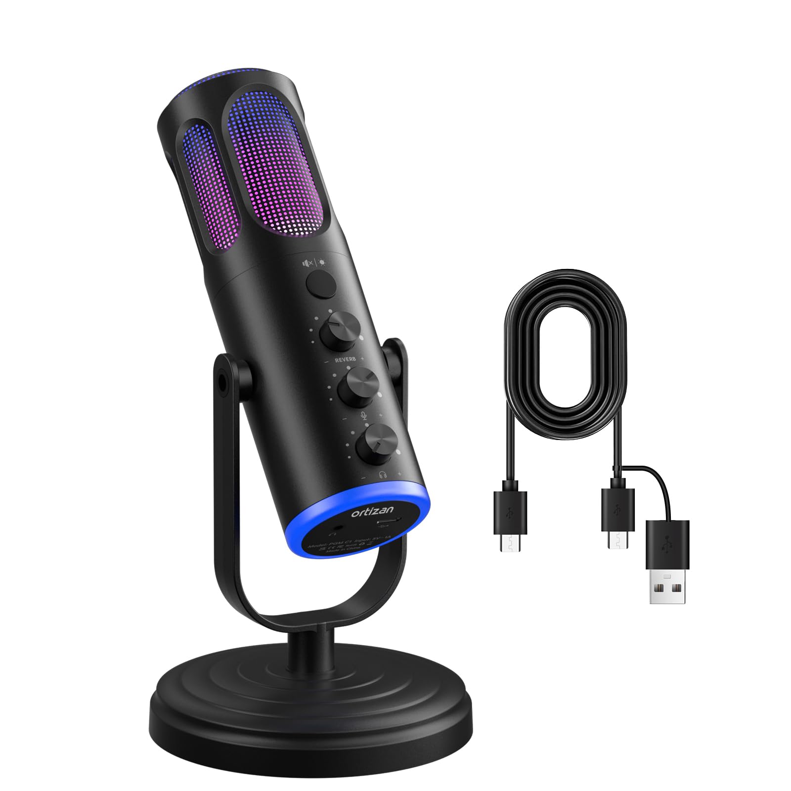 Ortizan Gaming Mikrofon für PC, Kondensatormikrofon mit Geräuschunterdrückung und RGB-Beleuchtung, Stummschaltung, Monitoring, Pop-Filter, Desktop-Mikrofon für Streaming, Podcasting, Aufnahmen und Gam