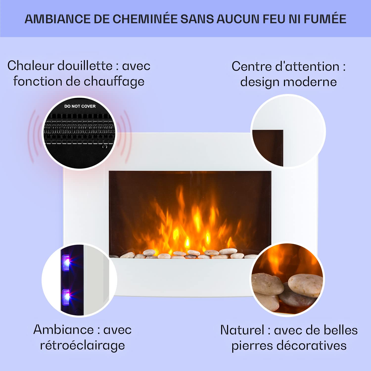 KLARSTEIN Lausanne - Cheminée électrique Horizontale Murale, rendement de 1000 ou 2000 W, Chauffage électrique, Illusion Flammes, Installation Murale, télécommande, Blanc