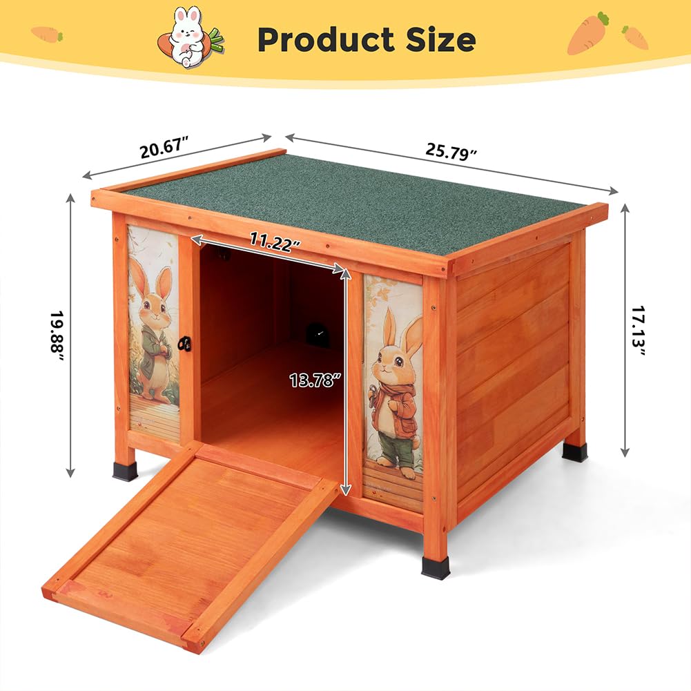 COZIWOW 24 Inch Rabbit Hutch Outdoor, Weatherproof Cat House, Bunny Cage Indoor with Non-Slip Ramp, Portable Wooden Shelter for Rabbits, Feral Cats, Chicken, Duck & Other Small Animals (Orange)​ - image 2