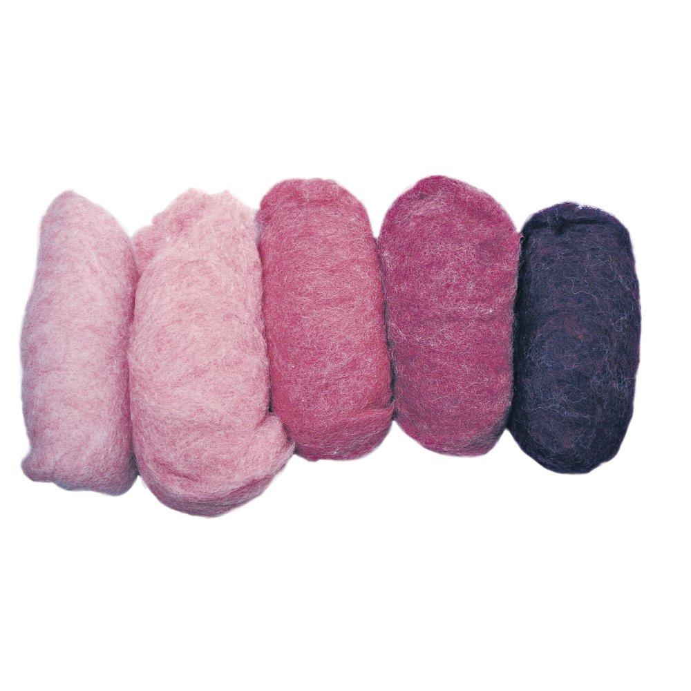 Rayher Multi-Colour Carded Wool For Felting, Set Of 5 Carded Felting Wool Batts In Different Pink Shades, Wool Tops For Wool Art And Jewellery Making, 100% Wool, 5X20g, 5363500