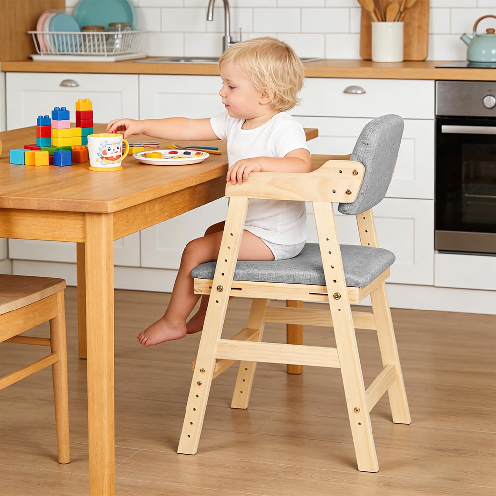 Hochstuhl aus Holz, verstellbar, Lehrstuhl,kinderstuhl,hochstühle,bis 90 kg für Kinder und Erwachsener aus hochwertigem Buchenholz, 1-12 Jahre,48 x 46 x 78 cm – Grau