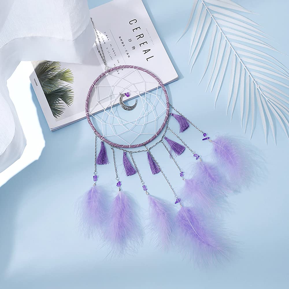 Attrape-Rêves Miniature Voiture Ou Déco - Forme Lune Et Étoile - Cadeau Symbolique (Violet)