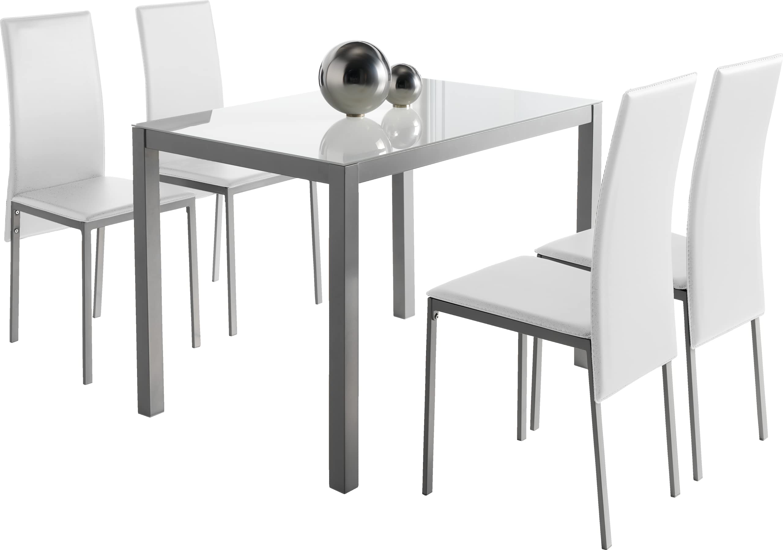 MOMMA HOME Conjunto de Mesa y Sillas Melbourne - con 4 Sillas - Mesa Fija - con Encimera de Cristal - para Salón y Cocina - Muy Elegante - Diseño Moderno Color Blanco