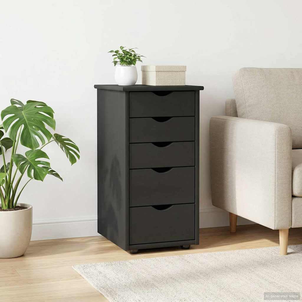 Armoire en bois de pin massif gris avec 5 tiroirs meuble de rangement à roulettes