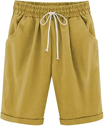 RKSTN Womens Summer Casual Shorts Solid Color Five Points Pants Plus Size Cotton Linen Short Pants with Pockets