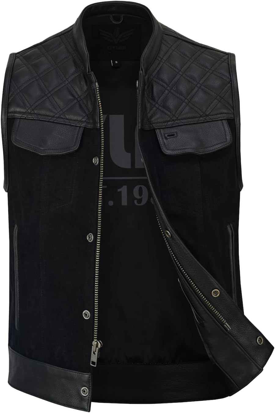 Mens Hybrid Motorcycle Full Grain Leather and Bull Denim Heavy Duty Vest - Image 3