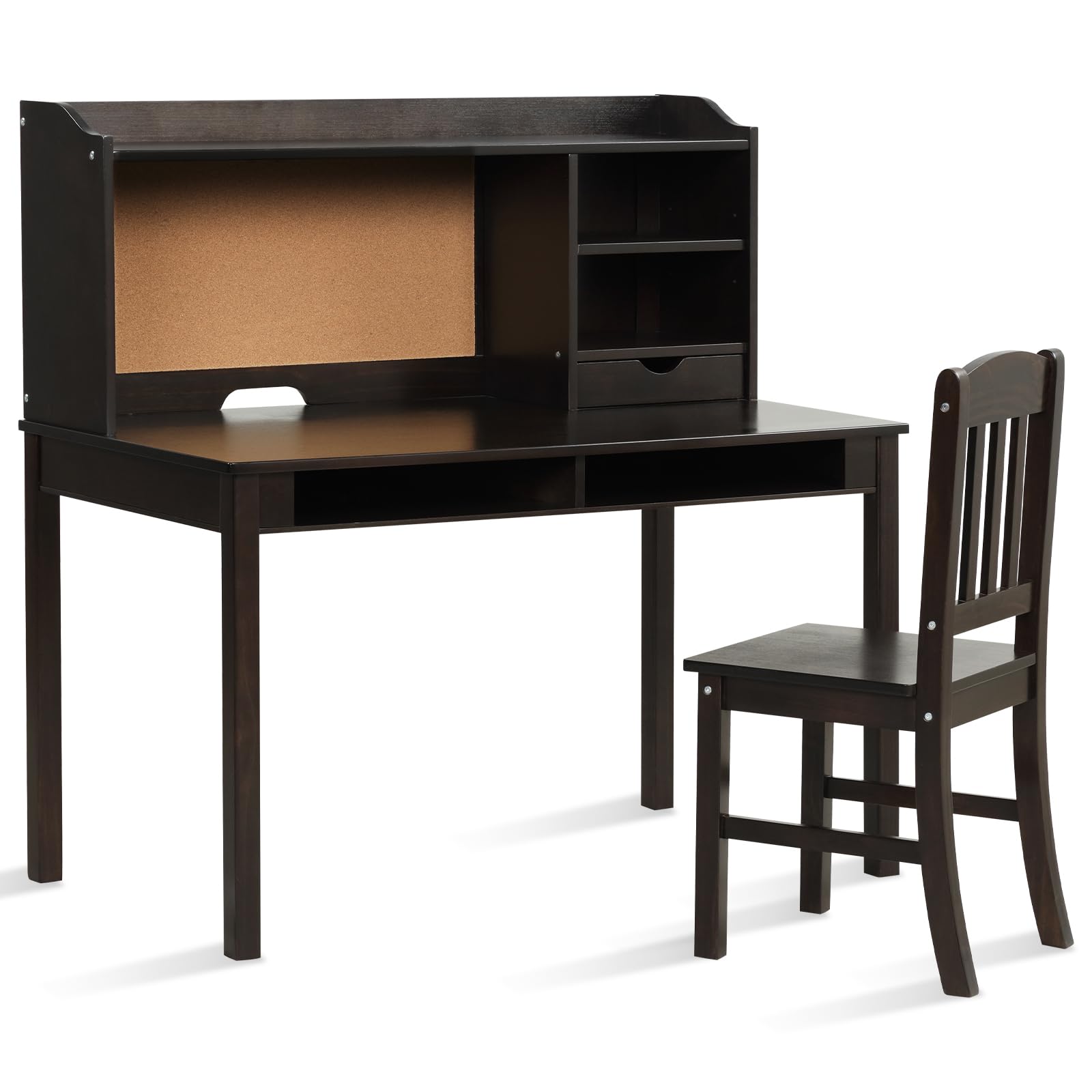 LIFEZEAL Kinderschreibtisch mit Stuhl Set, Multifunktionaler Kinderlerntisch Holz mit Regal & Schublade & Pinnwand, Tischset und Stühle Schüler für Kinderzimmer (Braun)