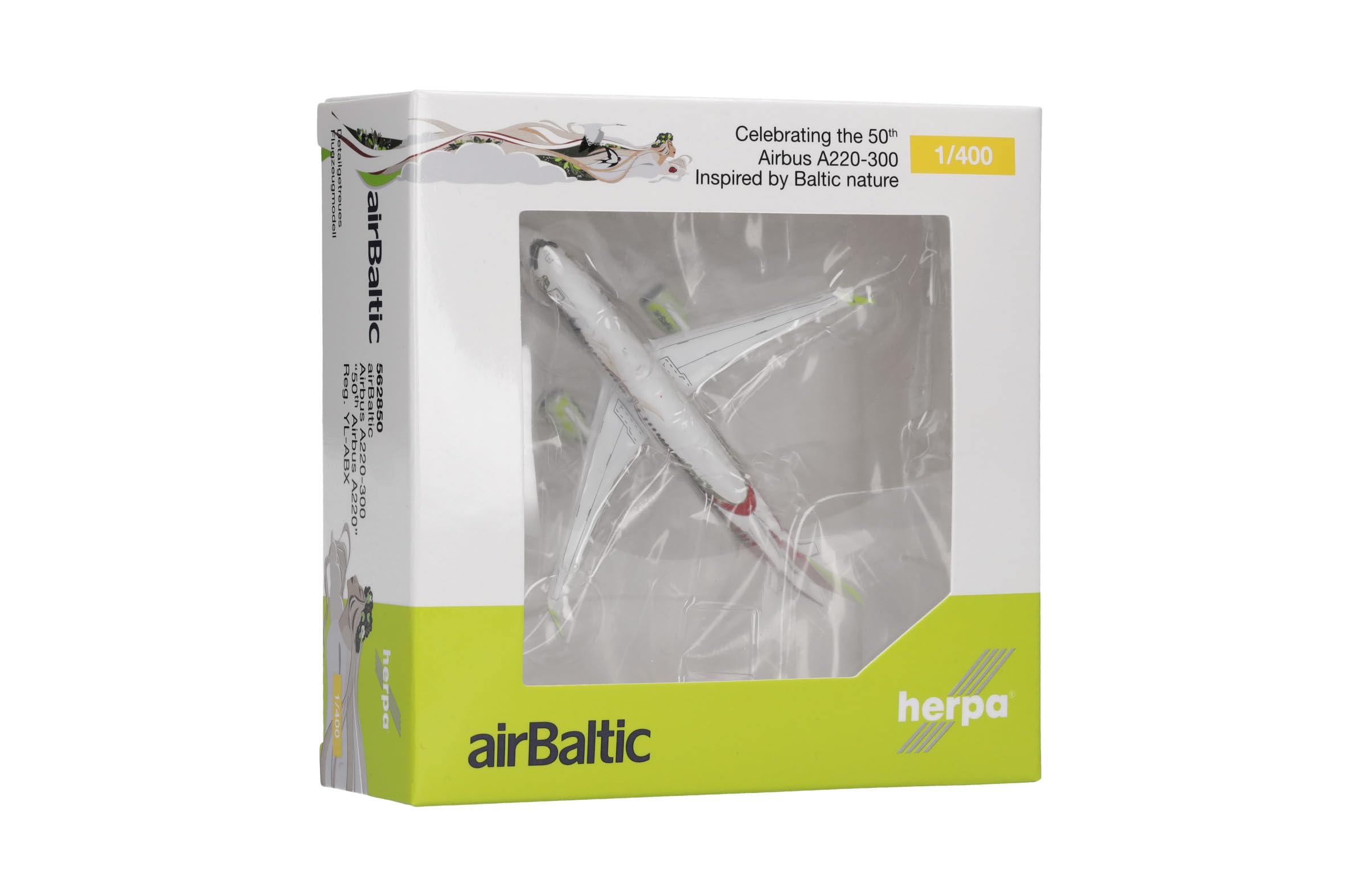 Herpa aereo in miniatura airBaltic Airbus A220-300 "50th A220", miniatura in scala 1:400, pezzo da collezione, modello di aereo con base, metallo