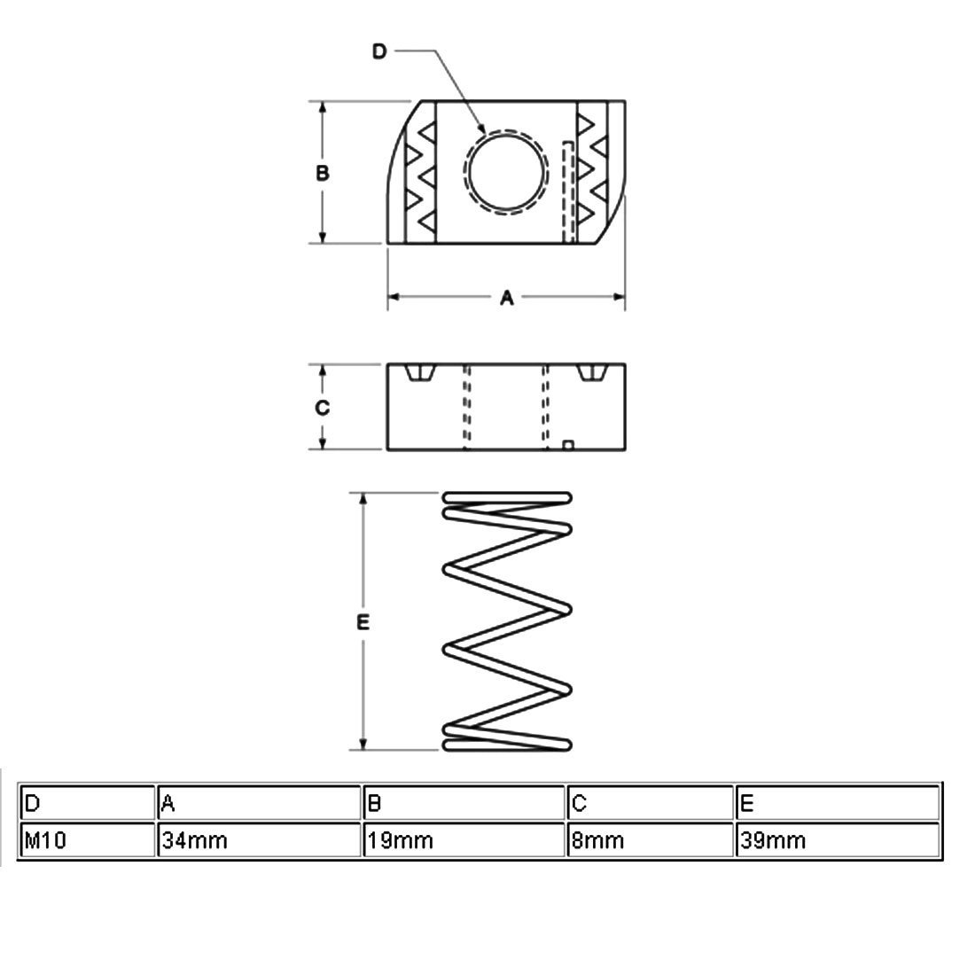 sourcing map 10 PC M10 304 Acero Inoxidable Muelle largo tuercas de canal para canales Línea b