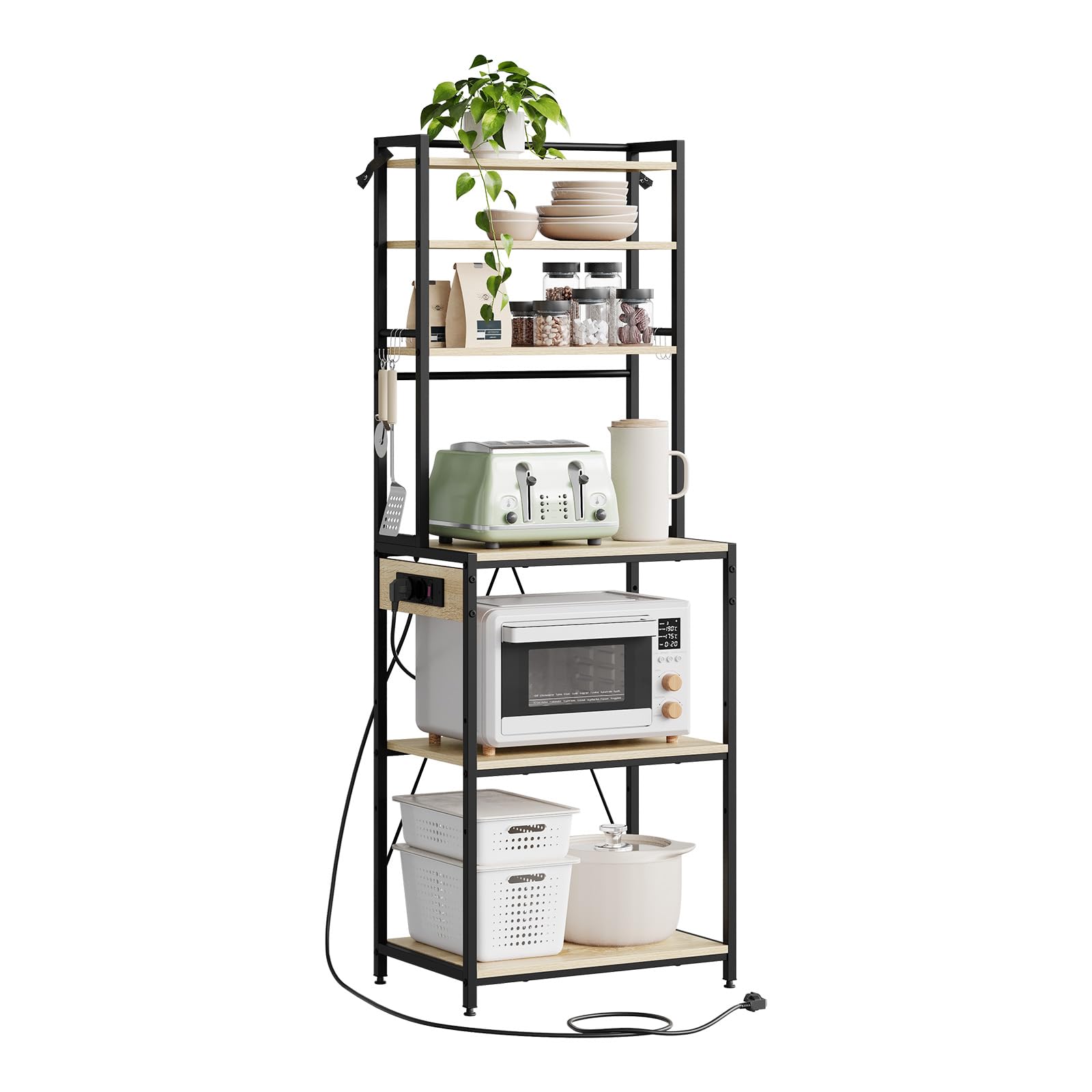 WOLTU Estantería Cocina con Enchufes, Soporte para Microondas con 6 Estantes y 6 Ganchos, Estanteria Almacenaje para Cocina Baño Salón, Metal+Madera, Negro+Roble Claro, 60x39,5x167 cm