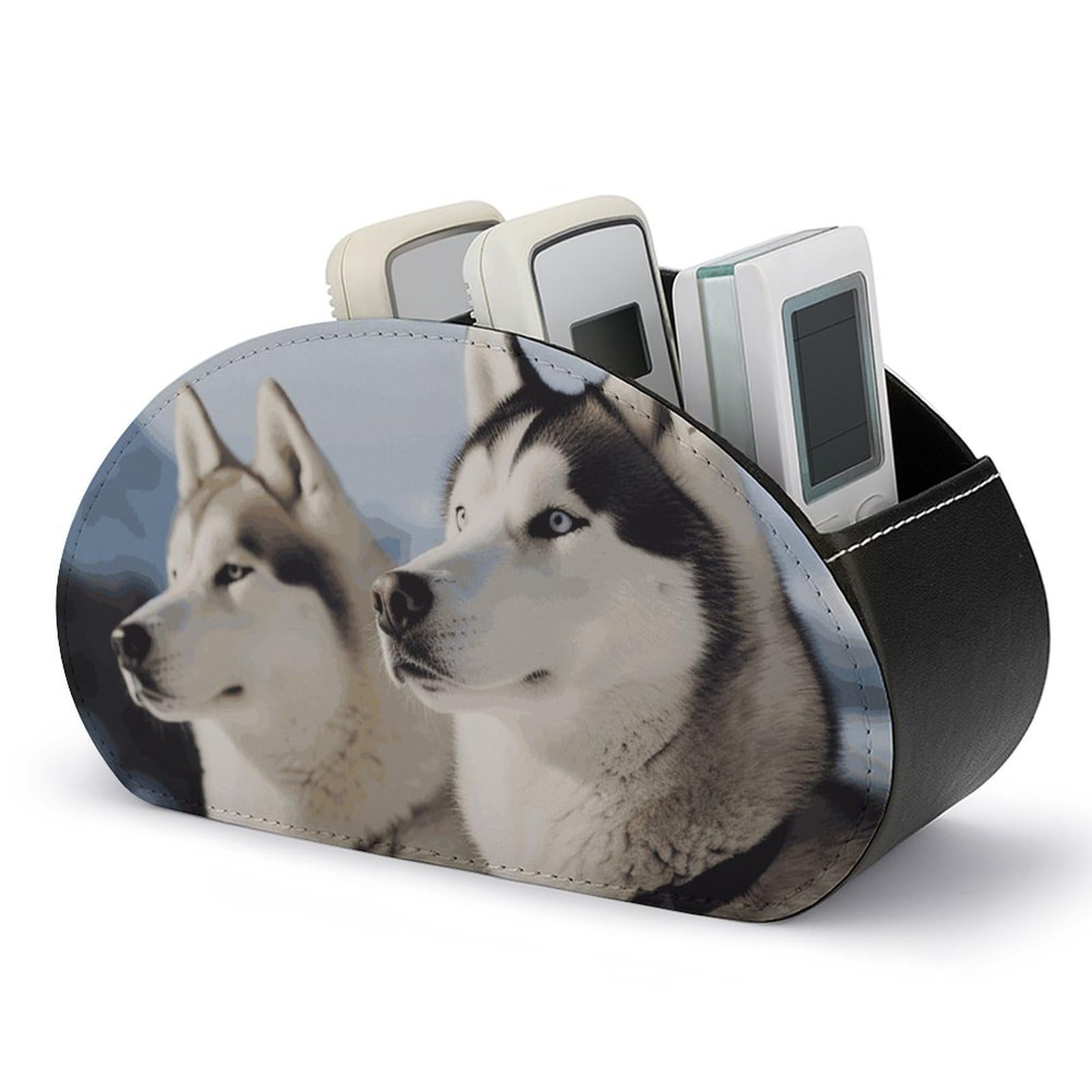 DWVTSLH Husky Dogs Remote Control Holder with 5 Compartments - PU Leather TV Remote Holder Remote Caddy Desktop Organizer Makeup Brush Holder, Remote Storage Box for Home Office