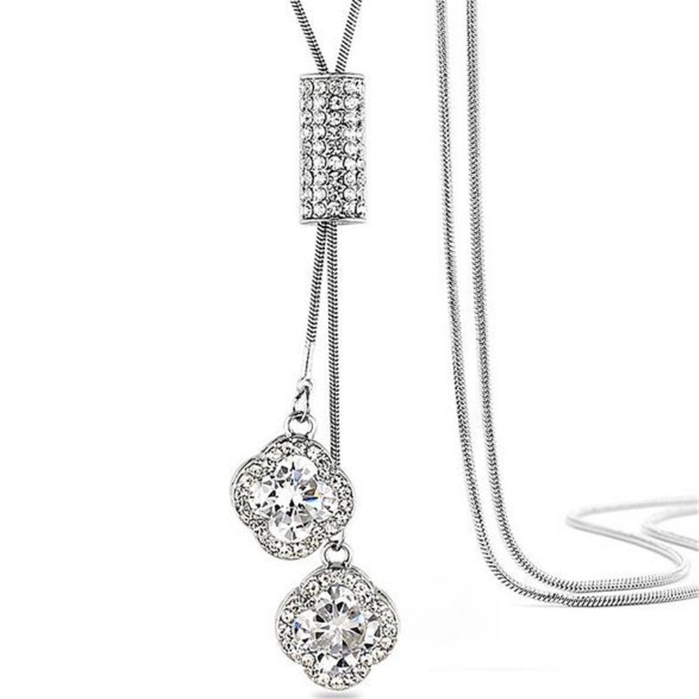Women's Crystal Flower Jewelry Tassel Pendant Long Chain Necklace (Silver)