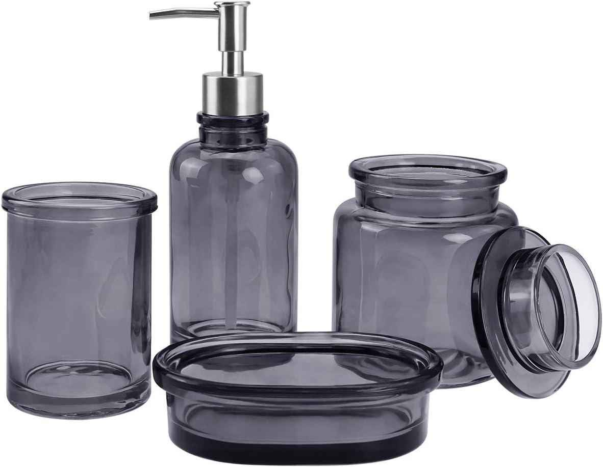 4-Piece Housewares Clear Glass Bathroom Accessories Set, Complete Bath Ensemble Sets for Bathroom Decor Includes Soap Dispenser Pump, Toothbrush Holder, Tumbler, Soap Dish, Bath Set Collection (Grey)