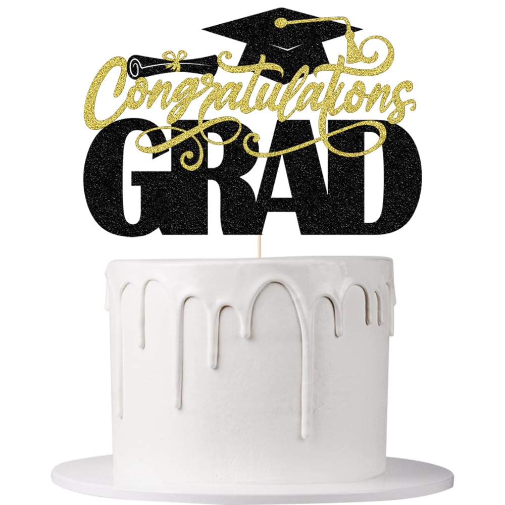 Leetaivie Congratulations Grad Cake Topper, Congrats Grad Cake Decorations, Class of 2026 Party Cake Decorations, Congratulations 2026 Graduation Party Decorations Supplies (Black Gold 6)