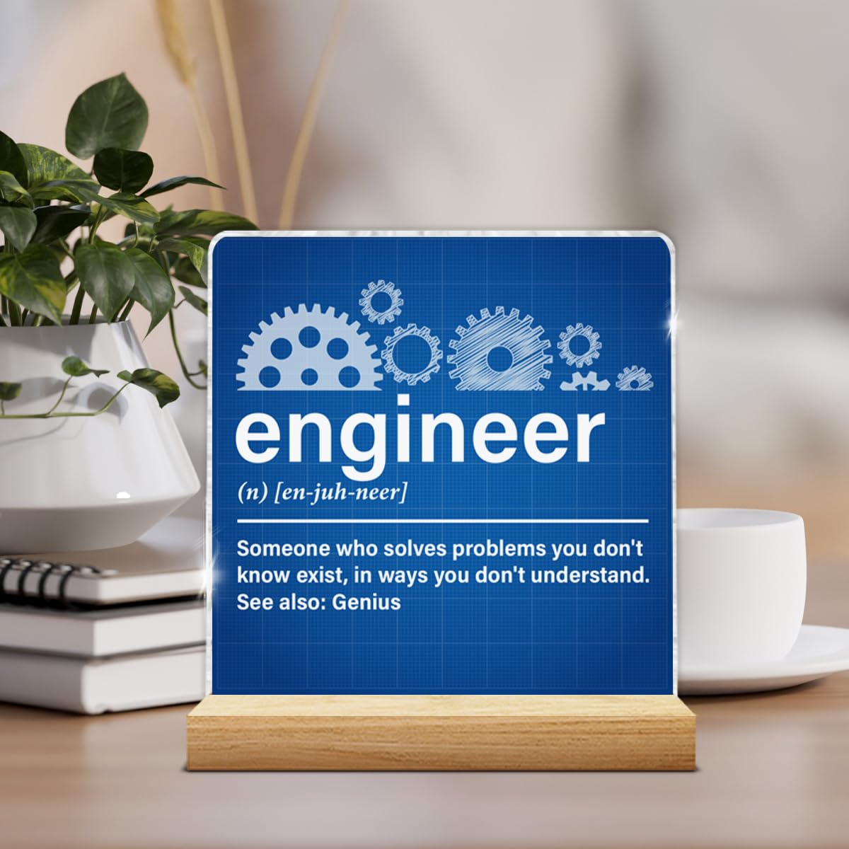 Engineer Gifts for Women Men, Gifts for Engineers Mechanical Engineering, Engineer Definition Acrylic Plaque Sign with Wood Stand Home Office Decor