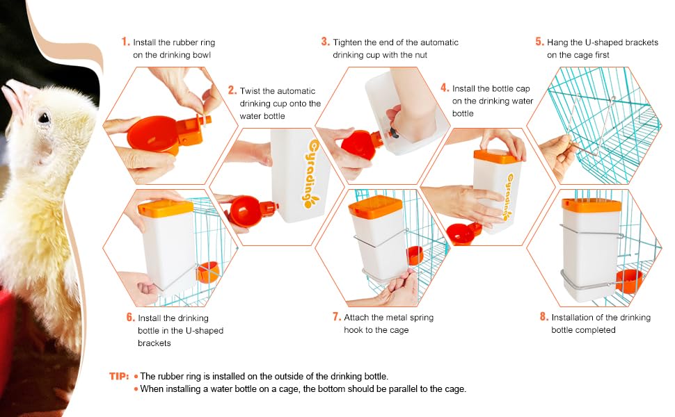 Automatic Waterer System Chick Feeder and Drinker Cups 1L Hanging Automatic Fill Poultry Watering Cup Used for Cages (Orange, 2)
