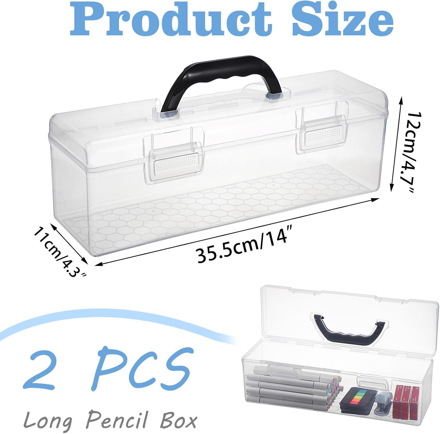 BTSKY 2 PCS Extra Long Plastic Pencil Box Portable Clear Home Utility Boxes with Black Handle Stationery Storage Organizer Painting Tool Storage Container for Pencils Marker Sticky-Note Craft Supplies - Image 3